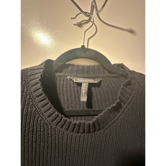 BCBGMAXAZRIA Chunky Ribbed Knit Crewneck High Low Drop-Shoulder Sweater Black XS - Picture 2 of 3